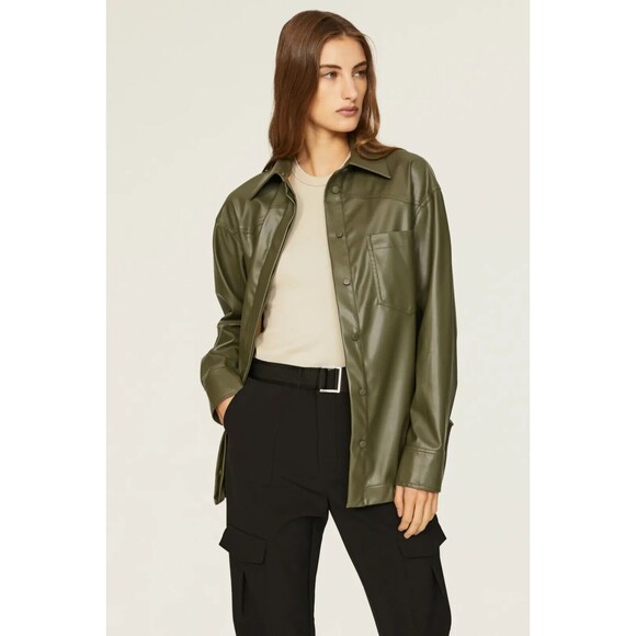 NICHOLAS Jacket Womens Size 6 Green Faux Leather Button Up Shirt ARETHA Shacket - Picture 1 of 12